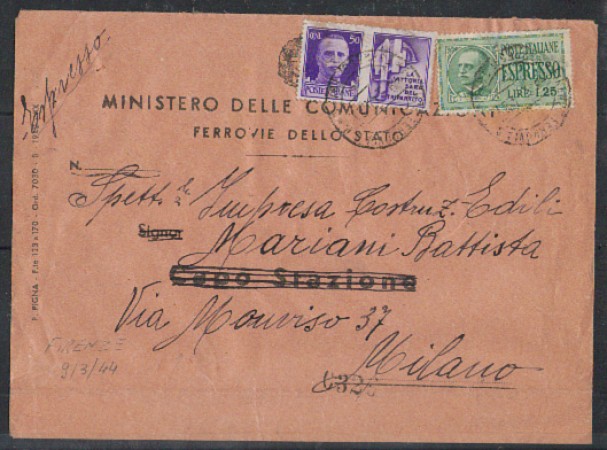 1944 - LOTTO/501 - BUSTA ESPRESSO DA FIRENZE PER MILANO