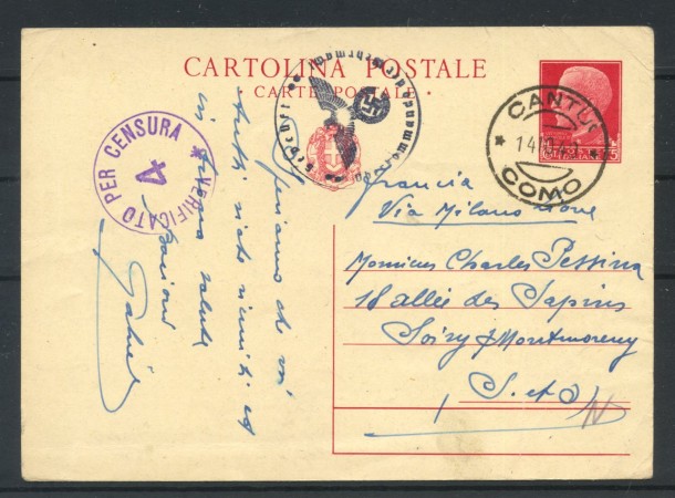 1940 - REGNO - LOTTO/48179 - CARTOLINA POSTALE DALL'ITALIA PER LA FRANCIA  CENSURA
