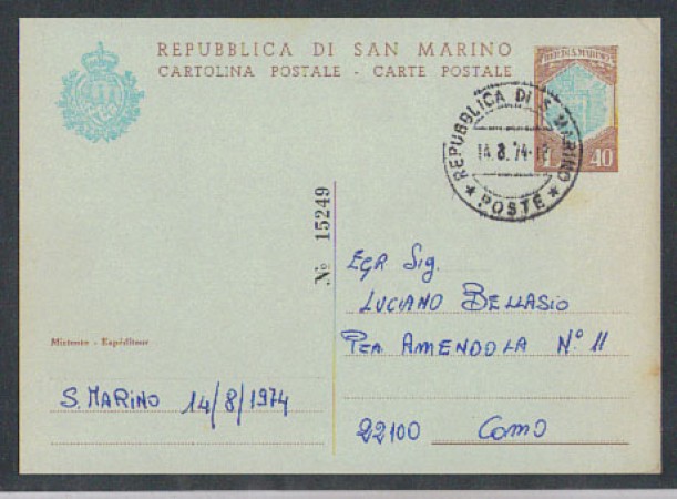 1967 - LOTTO/2423 - S. MARINO - CARTOLINA POSTALE 40 LIRE VIAGGI