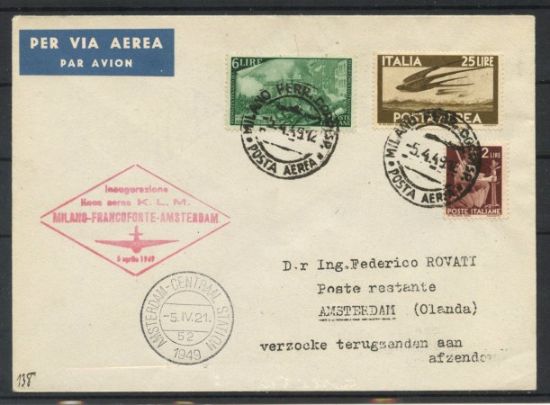 1949 - REPUBBLICA - LOTTO/40403 - VOLO INAUGURALE MILANO FRANCOFORTE AMSTERDAM