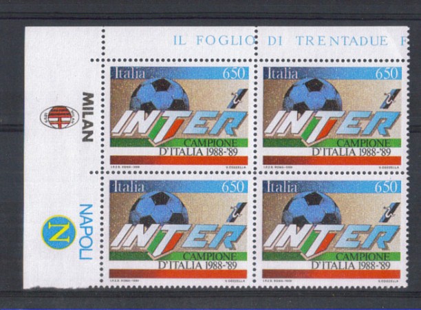 1989 - LOTTO/6924Q - REPUBBLICA - INTER CAMPIONE - QUARTINA +2AP