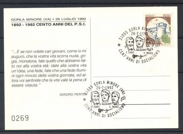 1992 - REPUBBLICA - GORLA MINORE (VA) - CENTO ANNI DI SOCIALISMO - CARTOLINA - LOTTO/30532