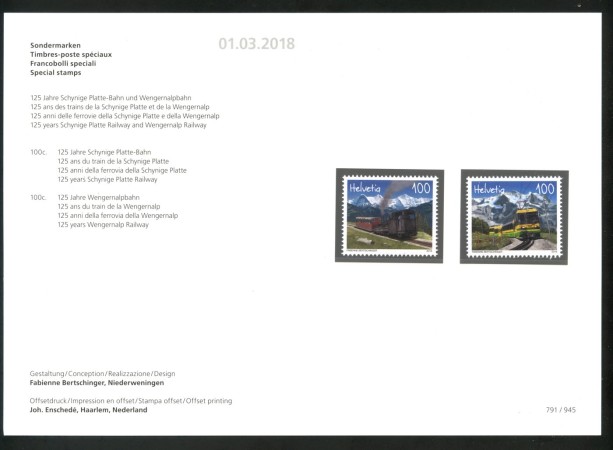 2018 - SVIZZERA - LOTTO/39729F - ANNIVERSARIO FERROVIE 2v. - NUOVI FOLDER