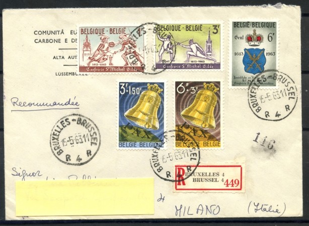 1963 - BELGIO - CAMPANA DELLA PACE/SCHERMITORI - BUSTA RACCOMANDATA - LOTTO/27760