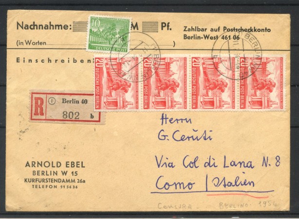 1954 - BERLINO - LOTTO/42223 - BUSTA RACC. PER COMO VERIFICATA PER CENSURA