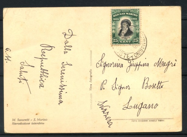 1937 - SAN MARINO - LOTTO/47644 - 25 CENT. MELCHIORRE DELFICO SU CARTOLINA