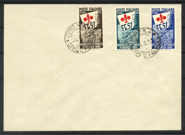 1951 - REPUBBLICA - LOTTO/40158 - FESTE E CONCORSI GINNICI 3v. - USATI SU BUSTA