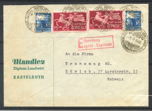 1948 - REPUBBLICA - LOTTO/40394 - BUSTA DA CASTELROTTO (BZ) A ZURIGO 
