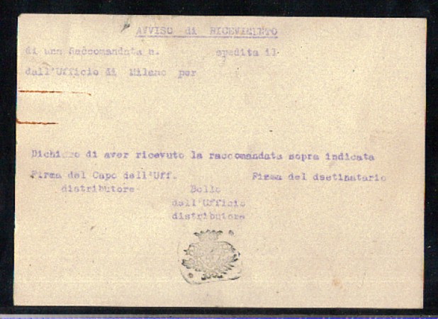 REPUBBLICA - LBF/763 MILANO CARTOLINA AVVISO DI RICEVIMENTO