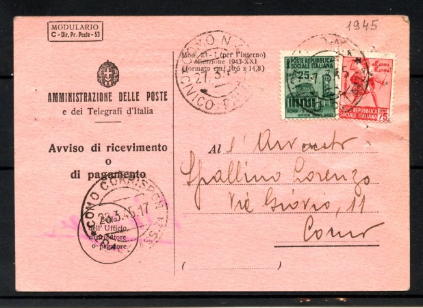 1945 - REPUBBLICA SOCIALE - LOTTO/42189 - 25 e 75 CENT. SU AVVISO RICEVIMENTO