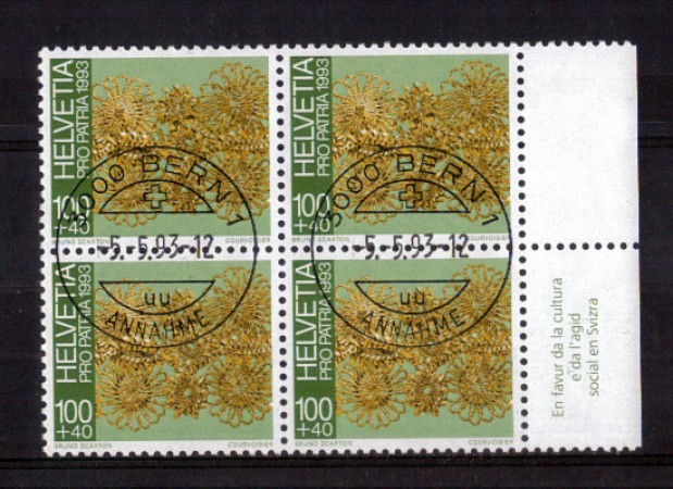 1993 - LOTTO/SVI1433QU - SVIZZERA - 100+40c. PRO PATRIA QUARTINA USATA