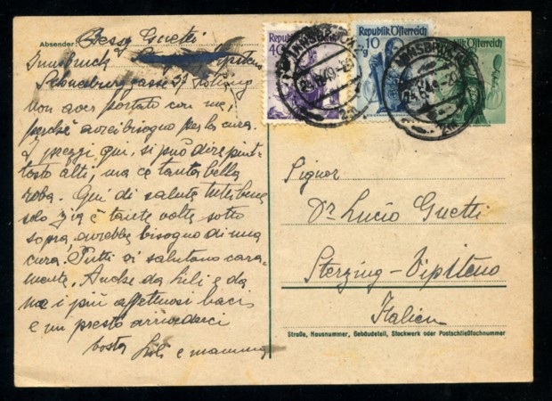 1949 - LOTTO/17366 - AUSTRIA - CARTOLINA POSTALE PER VIPITENO
