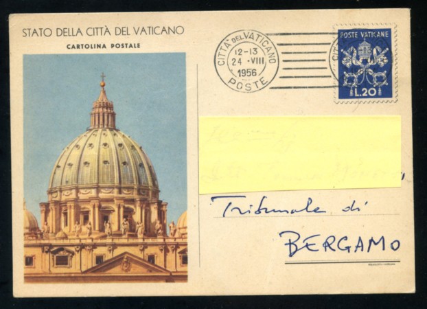 1956 - LOTTO/17093 - VATICANO - 20 LIRE CART. POSTALE CUPOLONE - USATA