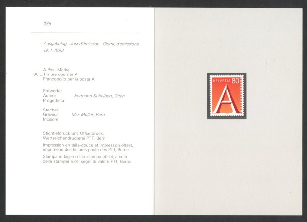 1993 - SVIZZERA - LOTTO/43448F - POSTA PRIORITARIA - NUOVO - FOLDER