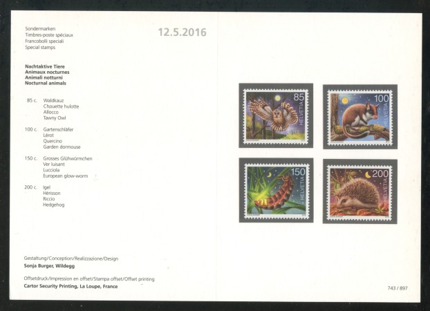2016 - SVIZZERA - LOTTO/37903F - ANIMALI NOTTURNI 4v. - NUOVI - FOLDER