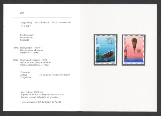1994 - SVIZZERA - LOTTO/43465F - EUROPA LE SCOPERTE 2v. - NUOVI - FOLDER