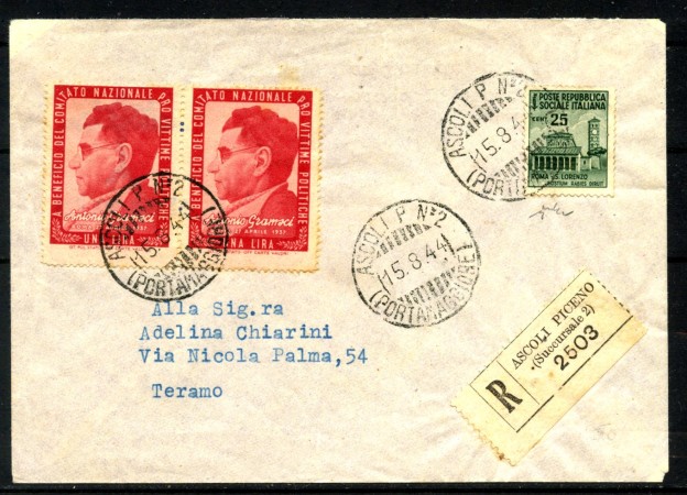 1944 - REPUBBLICA SOCIALE - LOTTO/40146 - BUSTA RACCOMANDATA  PER  TERAMO AFFRANCATURA D'EMERGENZA