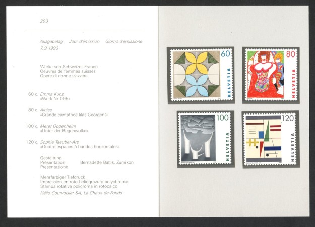 1993 - SVIZZERA - LOTTO/43455F - OPERE DI ARTISTE SVIZZERE 4v . NUOVI - FOLDER