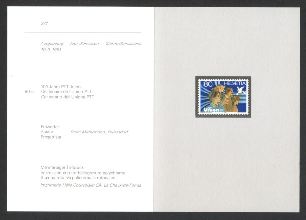 1991 - SVIZZERA - LOTTO/43431F - CENTENARIO UNIONE P.T.T. 1v. NUOVO SU FOLDER DELLE POSTE