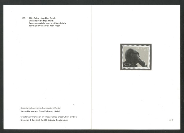 2011 - SVIZZERA - LOTTO/37774F - MAX FRISCH - NUOVO - FOLDER