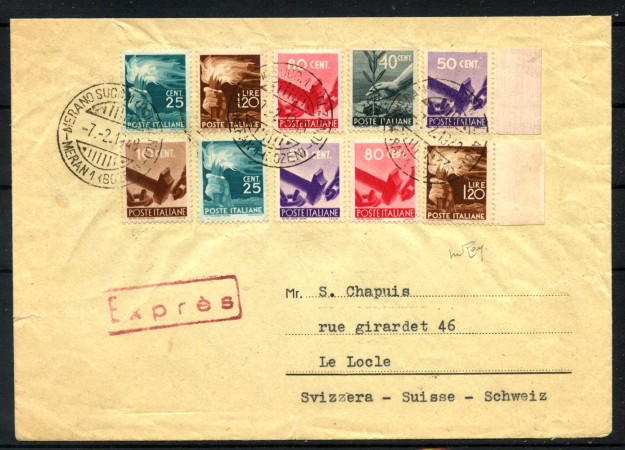 1949 - REPUBBLICA - LOTTO/40401 -  BUSTA DA MERANO PER LA SVIZZERA AFFR. MULTIPLA