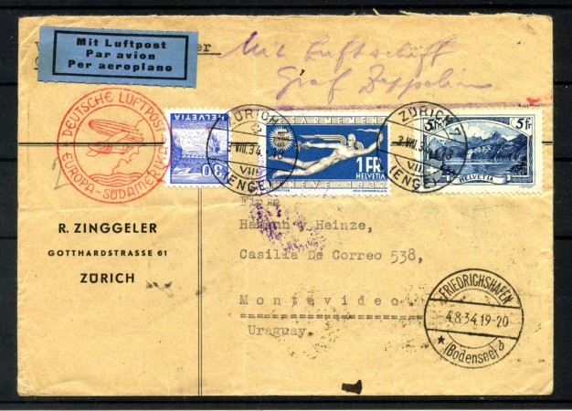 1934 - SVIZZERA - LOTTO/42367 - VOLO ZEPPELIN 5° VIAGGIO IN SUD AMERICA  MONTEVIDEO