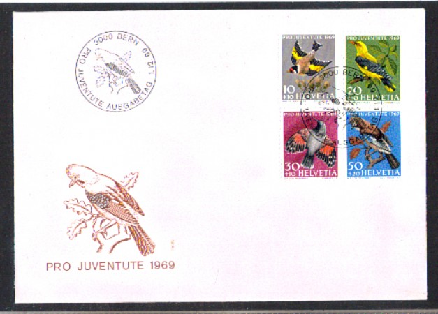 1969 - LBF/4142 - SVIZZERA -  PRO JUVENTUTE UCCELLI 4v. - BUSTA FDC