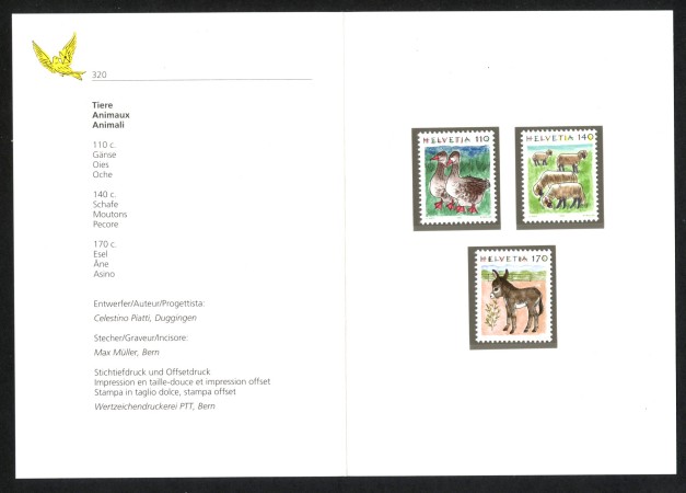 1995 - SVIZZERA - LOTTO/43485F - POSTA ORDINARIA ANIMALI 3v. - NUOVI - FOLDER