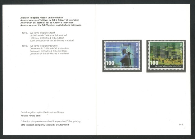 2012 - SVIZZERA - LOTTO/37804F - TEATRO GUGLIELMO TELL 2v. - NUOVI - FOLDER
