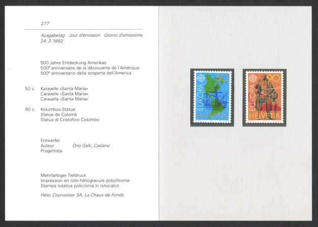 1992 - SVIZZERA - LOTTO/43438F - EUROPA SCOPERTA DELL'AMERICA 2v. NUOVI SU FOLDER DELLE POSTE