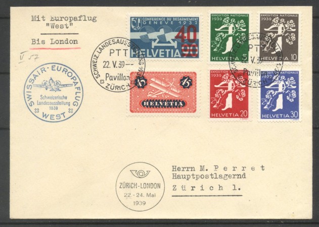 1939 - SVIZZERA - LOTTO/40674 - VOLO SWISSAIR IN EUROPA OCCIDENTALE ZURICH LONDON