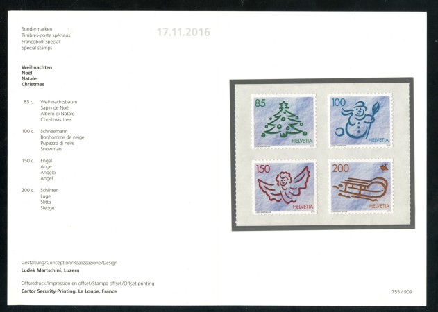 2016 - SVIZZERA - LOTTO/38033F - NATALE 4v. - NUOVI - FOLDER