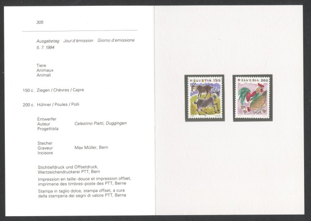 1994 - SVIZZERA - LOTTO/43469F - ANIMALI 2v. - NUOVI - FOLDER