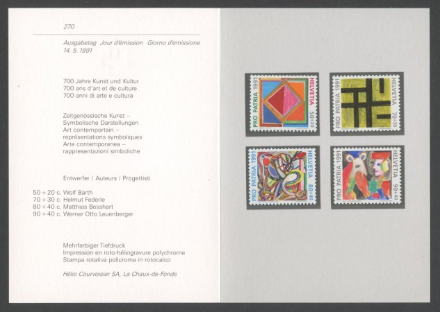 1991 - SVIZZERA - LOTTO/43429F - PRO PATRIA  4v . NUOVI - FOLDER
