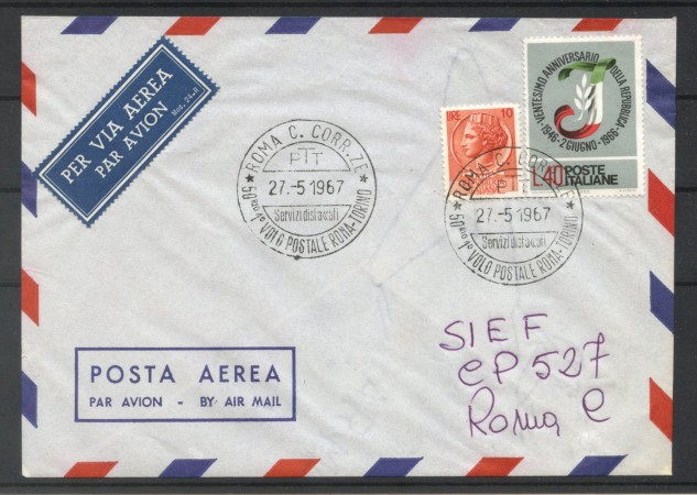 1967 - REPUBBLICA - LOTTO/42639 - 50° DEL PRIMO VOLO POSTALE ROMA -TORINO - BUSTA