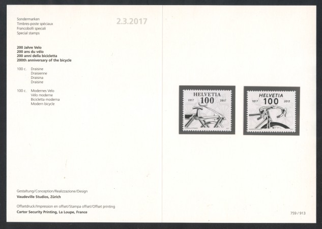 2017 - SVIZZERA - LOTTO/38036F - BICICLETTA 2v. - NUOVI - FOLDER