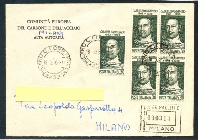 1963 - REPUBBLICA - 30 Lire G. D'ANNUNZIO BUSTA RACCOMANDATA - LOTTO/28993