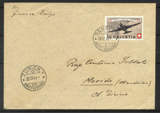 1944 - SVIZZERA - LOTTO/40681 - BUSTA 25° ANNIVERSARIO POSTA AEREA SVIZZERA