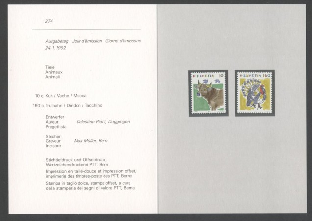 1992 - SVIZZERA - LOTTO/43435F - ANIMALI  2v. NUOVI SU FOLDER DELLE POSTE