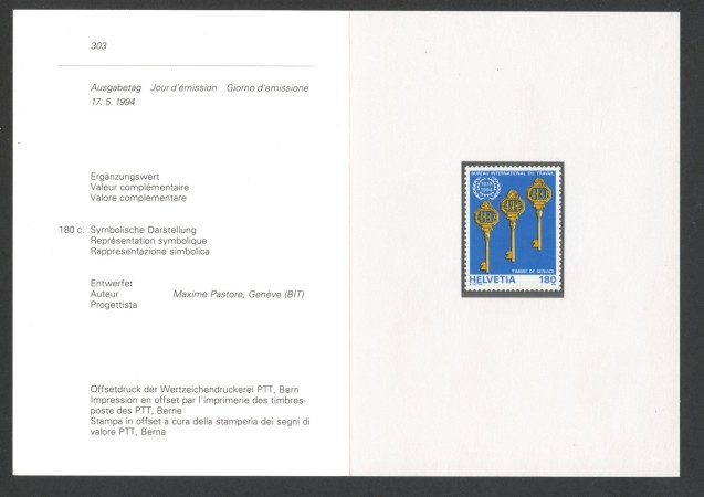 1994 - SVIZZERA - LOTTO/43467F - SERVIZIO  - UFFICIO DEL LAVORO -  NUOVO - FOLDER