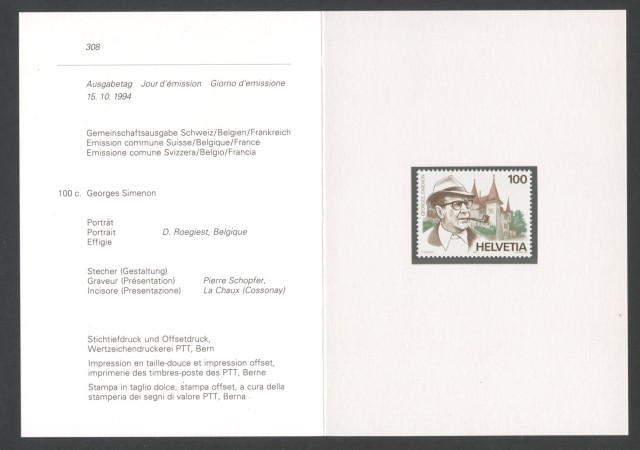 1994 - SVIZZERA - LOTTO/43472F - GEORGES SIMENON - NUOVO - FOLDER