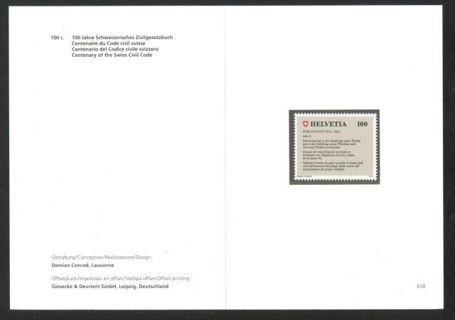 2012 - SVIZZERA - LOTTO/37798F - CODICE CIVILE - NUOVO - FOLDER