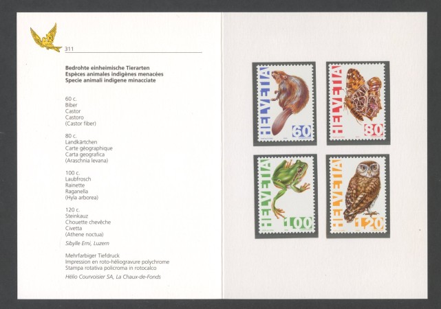 1995 - SVIZZERA - LOTTO/43475F - ANIMALI IN PERICOLO 4v . NUOVI - FOLDER