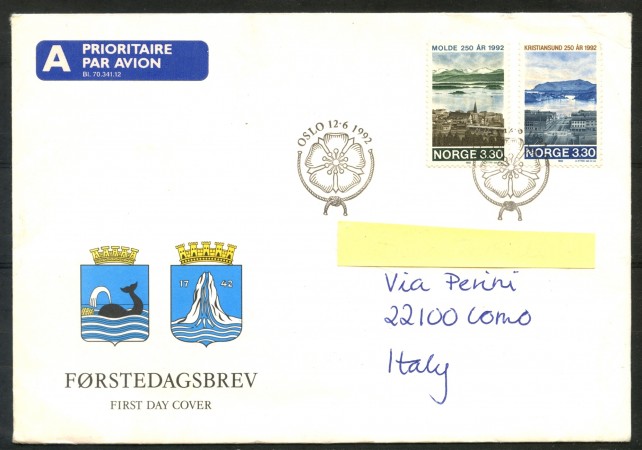 1992 - NORVEGIA - CITTA' DI MOLDE E KRISTIANSUD - BUSTA FDC - LOTTO/29557