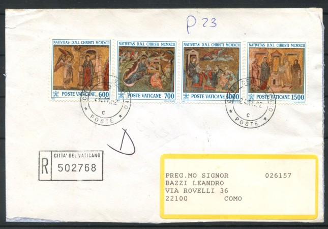 1992 - VATICANO - LOTTO/47692 - NATALE MOSAICI 4v. SU BUSTA RACCOMANDATA PER COMO
