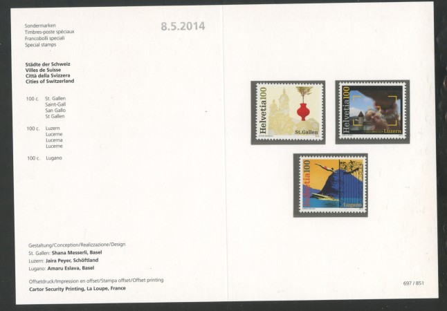 2014 - SVIZZERA - LOTTO/37857F - CITTA' SVIZZERE 3v. - NUOVI - FOLDER