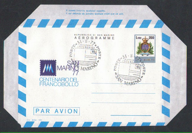 1977 - LOTTO/2476 - R.SAN MARINO . AEROGRAMMA CENTENARIO FRANCOB