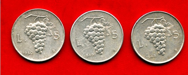 1948/50 - REPUBBLICA - LOTTO/M42246 -  5 LIRE UVA INSIEME DI TRE MONETE