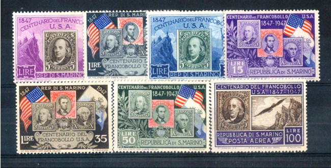 1947 - LOTTO/RSM335ACPL - SAN MARINO -  CENTENARIO FRANCOBOLLO U.S.A  7v. LING.