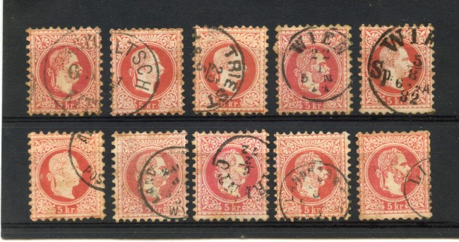 1867 - AUSTRIA - LOTTO/48001 - 5 KREUZER  ROSSO - INSIEME DI 10 ESEMPLARI USATI